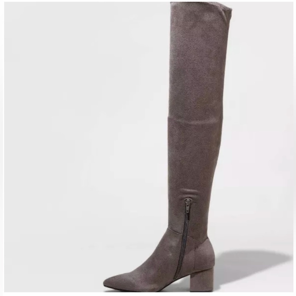 NEW Grey Suede Over the Knee Block Heel Boots WIDE CALF Ariana Grande style